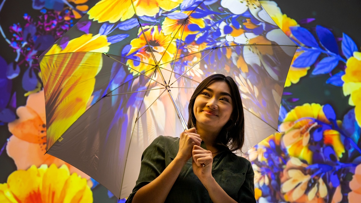 ROTO. Woman holding umbrella with sunflower projections