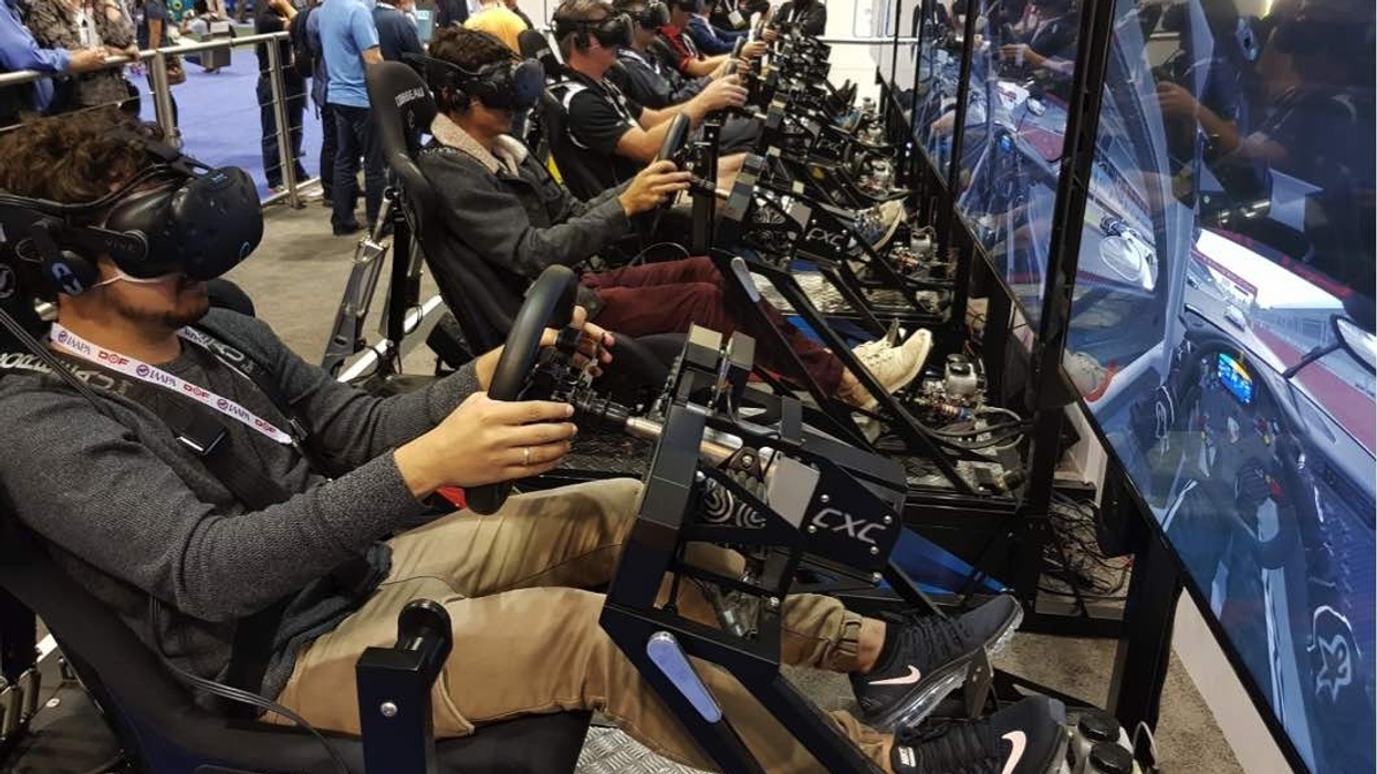 row of Vr riders at iaapa 2017