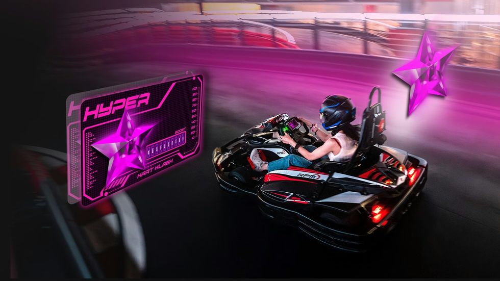 RPM Raceway's Kart Klash Person go-karting surrounded by neon pink graphics and a star emblem.