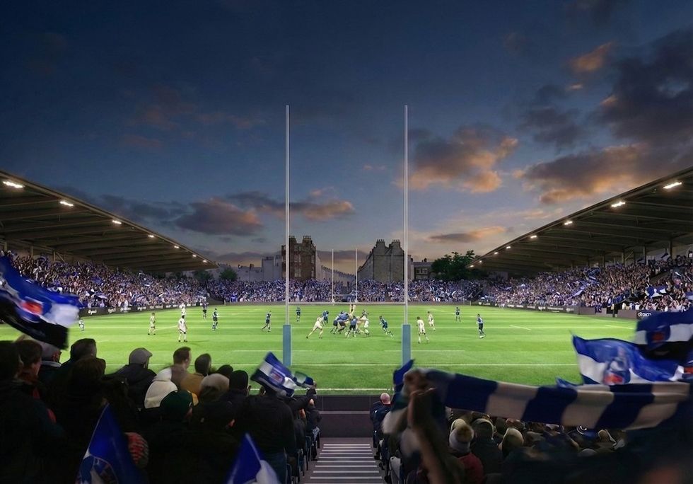 Rugby match at sunset with cheering crowds and flags in a lit stadium. Bath Rugby