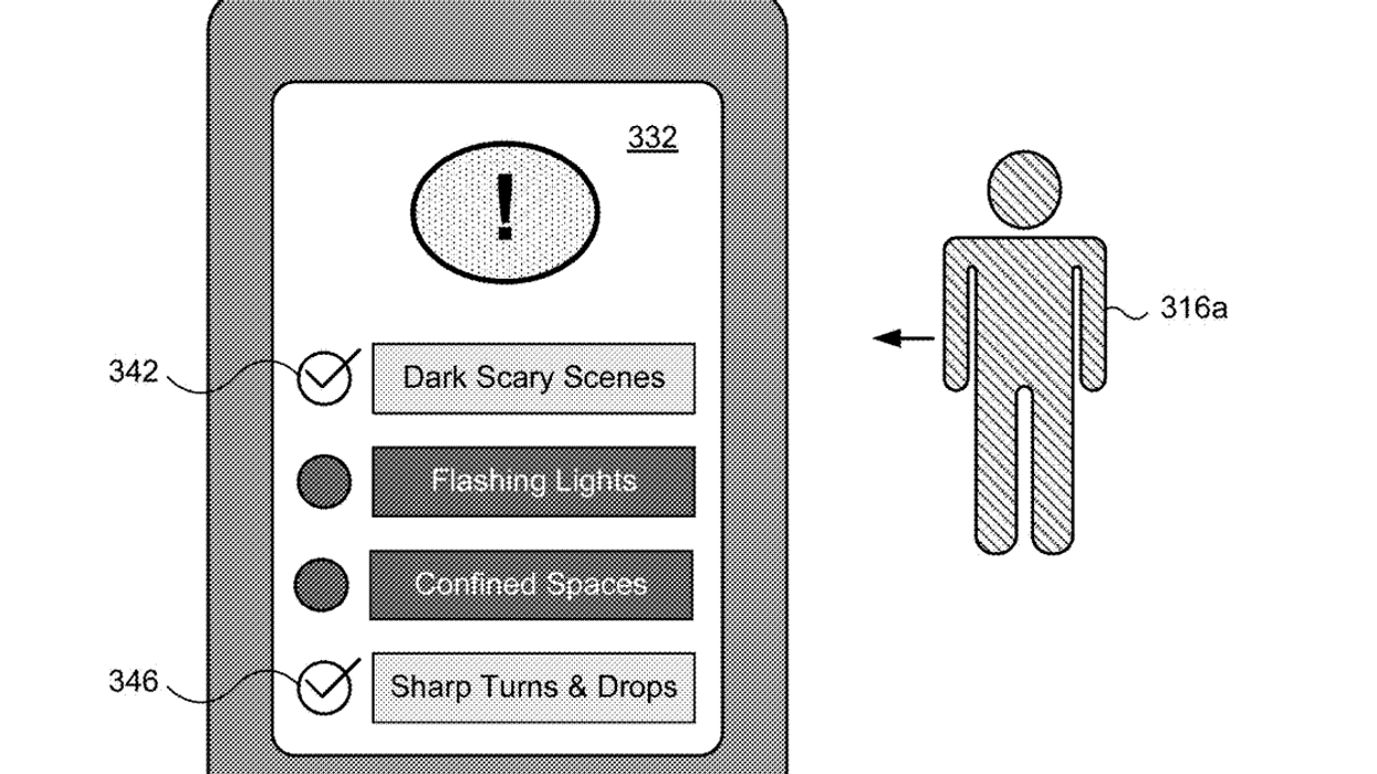 Safety warning panel with scary scenes and sharp turns, silhouette person next to it.
