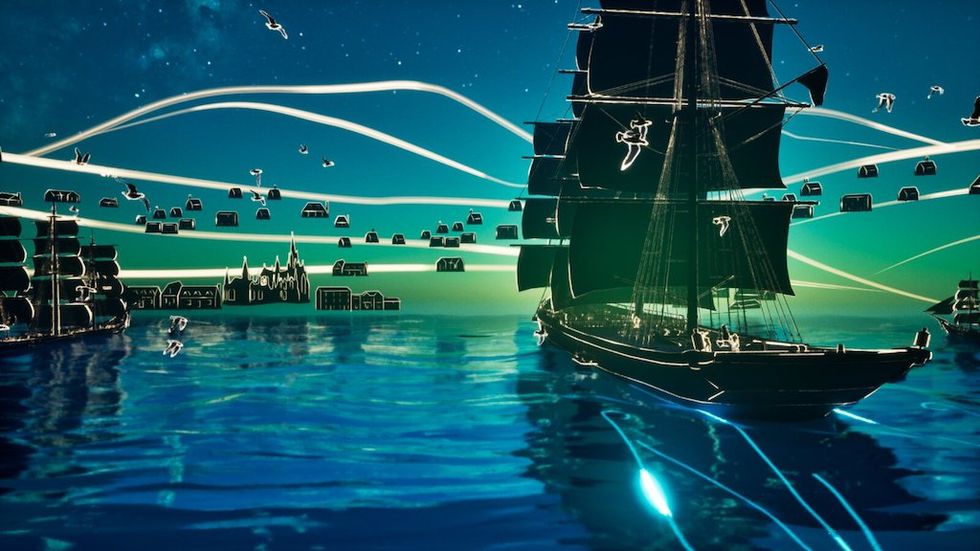 Sailing ship on reflective water beneath a surreal sky with houses floating in the air.