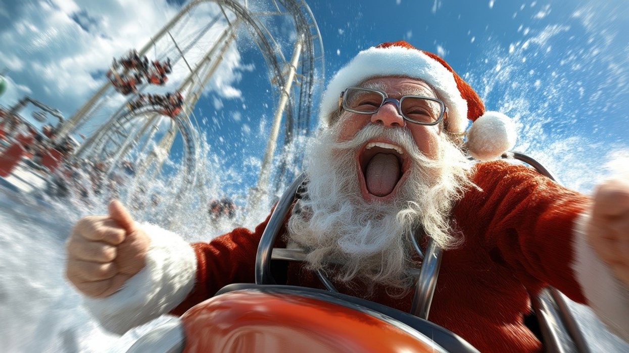 Santa Claus joyfully rides a roller coaster on a snowy day.