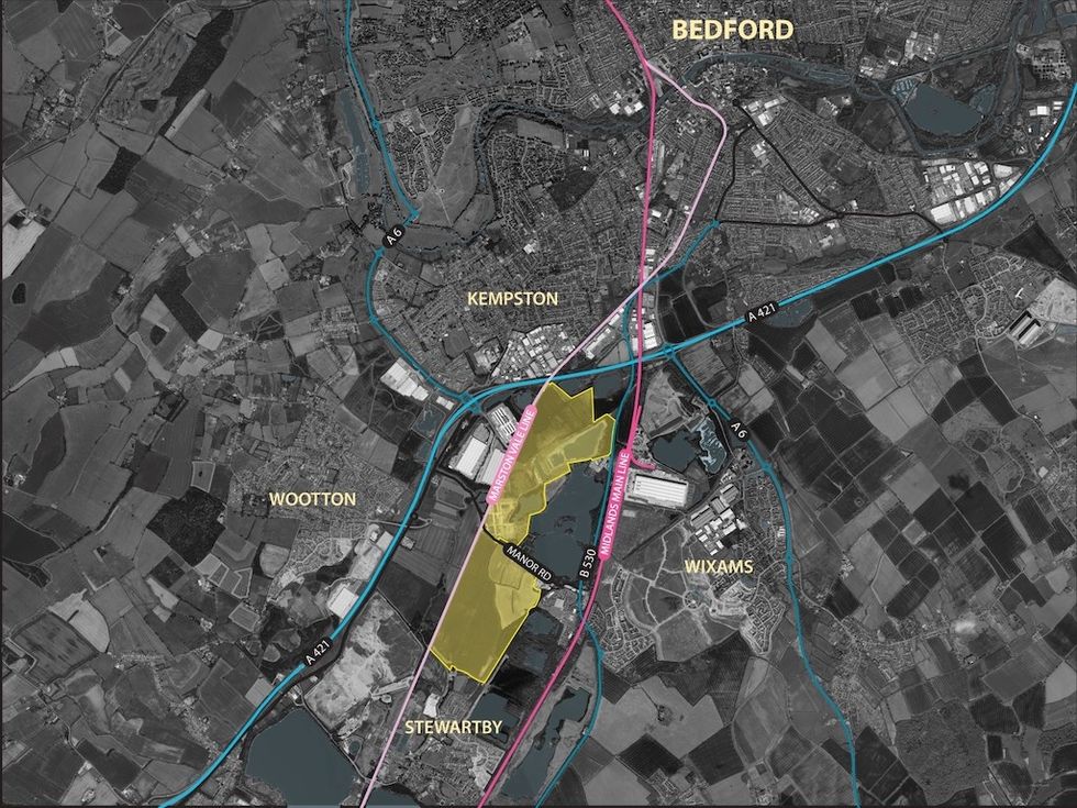 Satellite map highlighting an area near Bedford for the new Universal UK theme park, featuring major roads and towns.