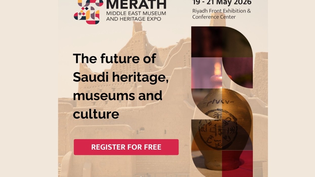 "Saudi heritage event banner for MERATH Expo, 19-21 May 2026, with free registration button."