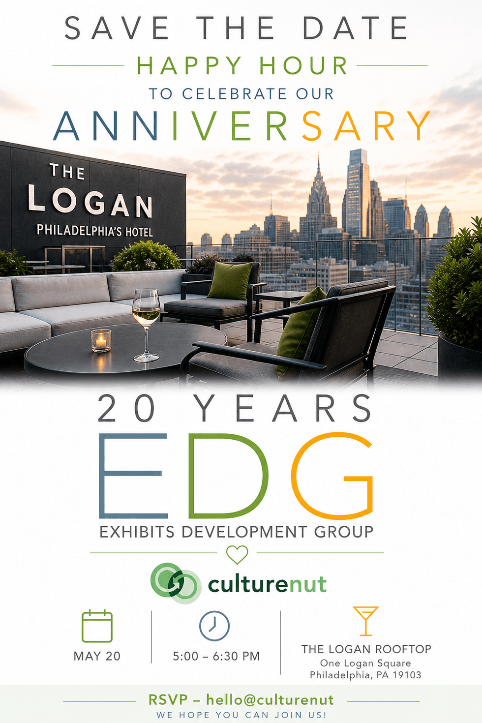 Save the date poster for EDG anniversary at The Logan Hotel rooftop.