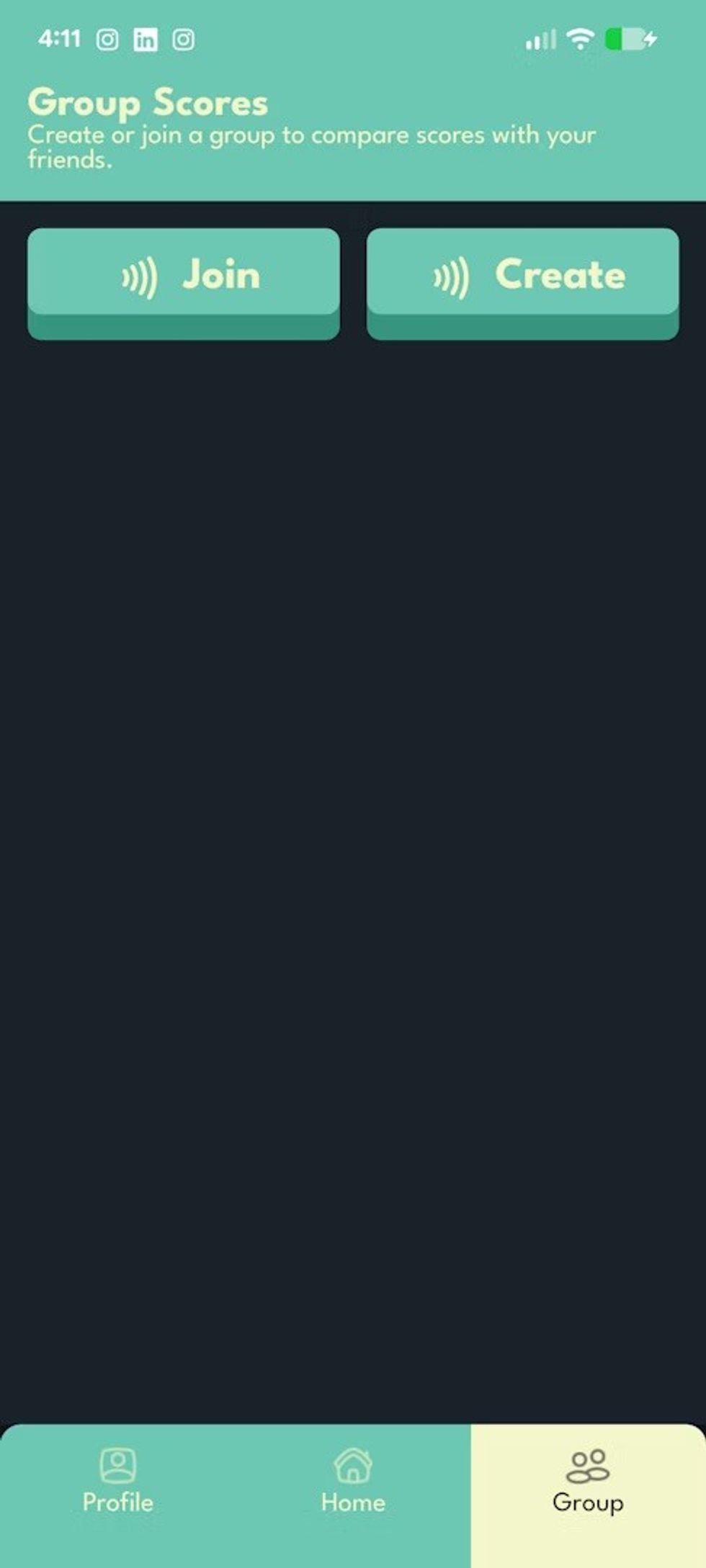 Scream Score app interface App screen with "Join" and "Create" buttons for comparing group scores.