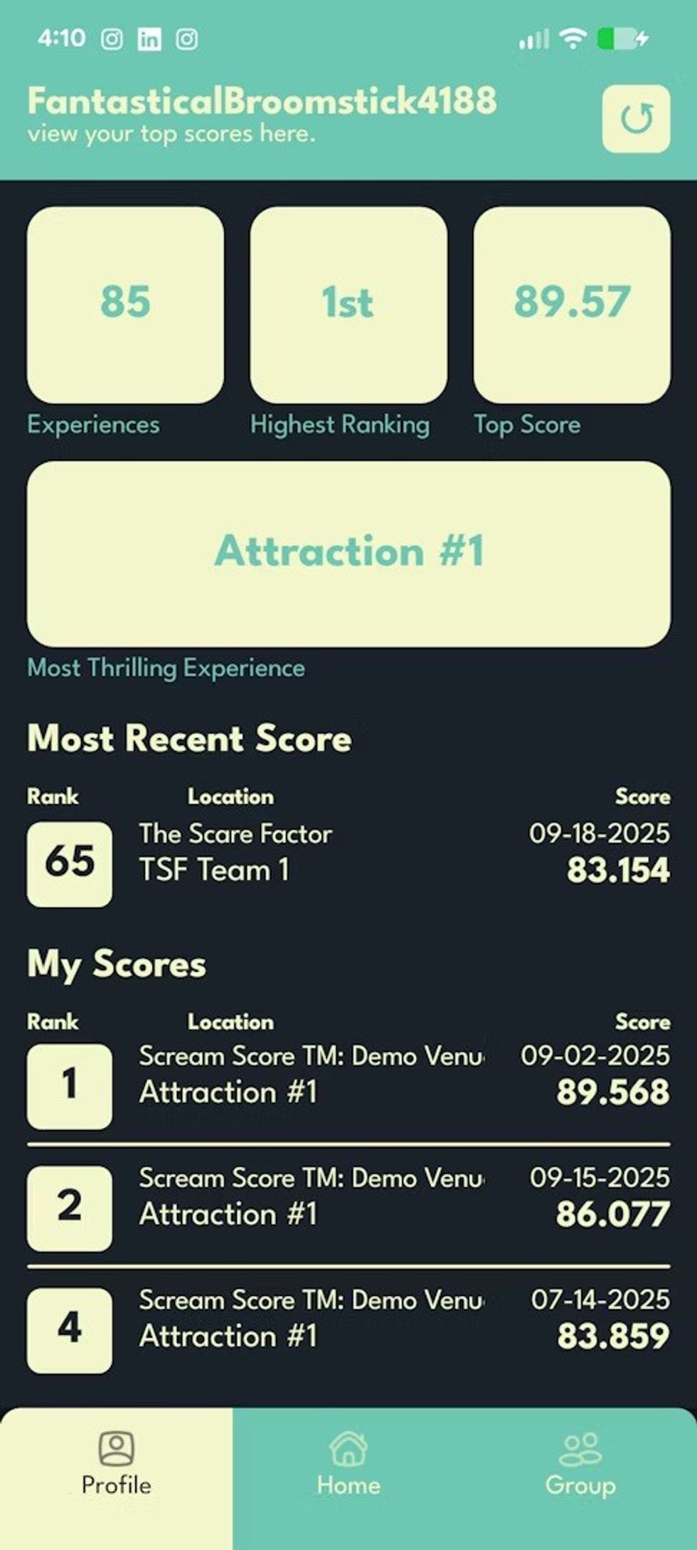 Scream Score app interface User profile screen showing experience ranks and top scores.