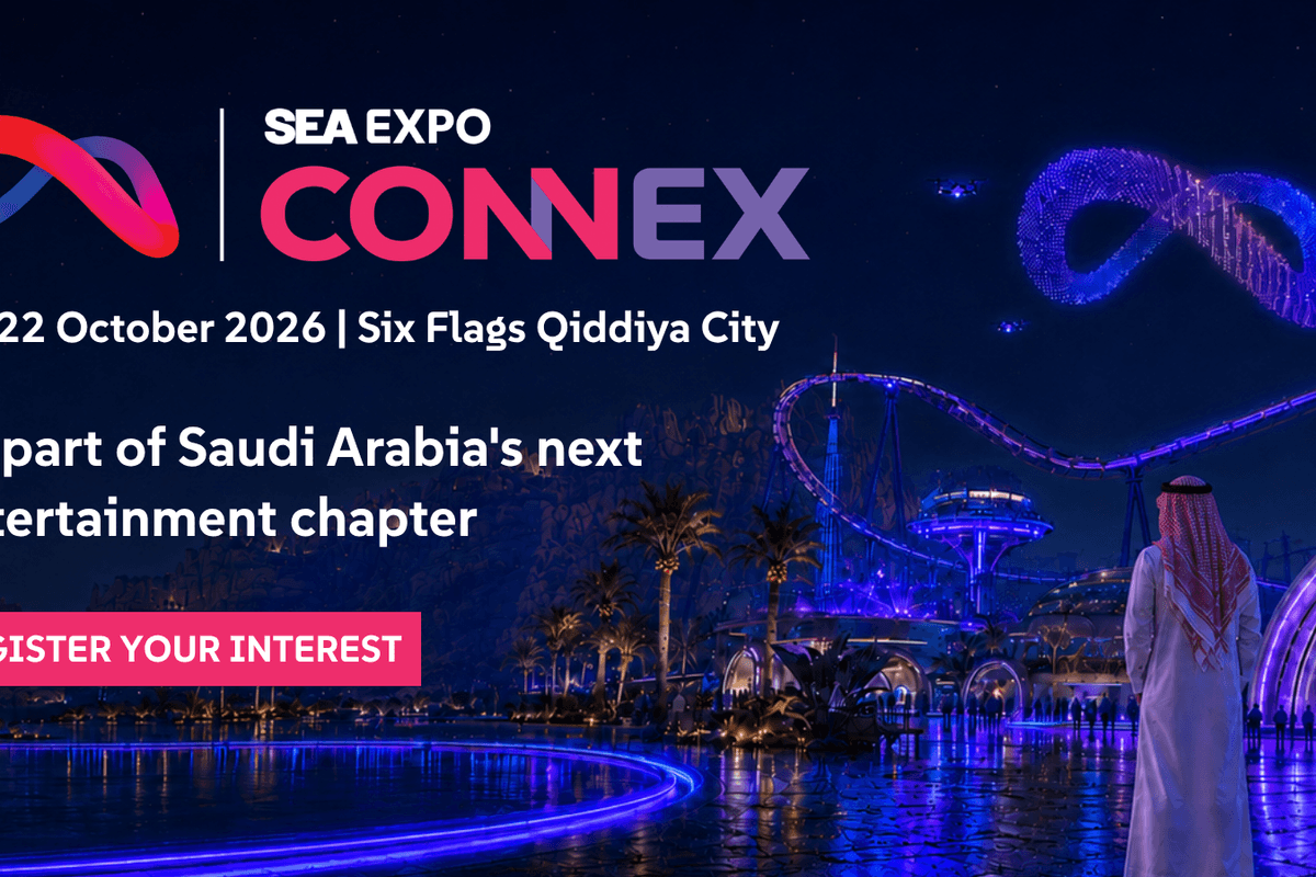 SEA Expo Connex 2026 at Six Flags Qiddiya, Saudi Arabia, futuristic landscape at night.