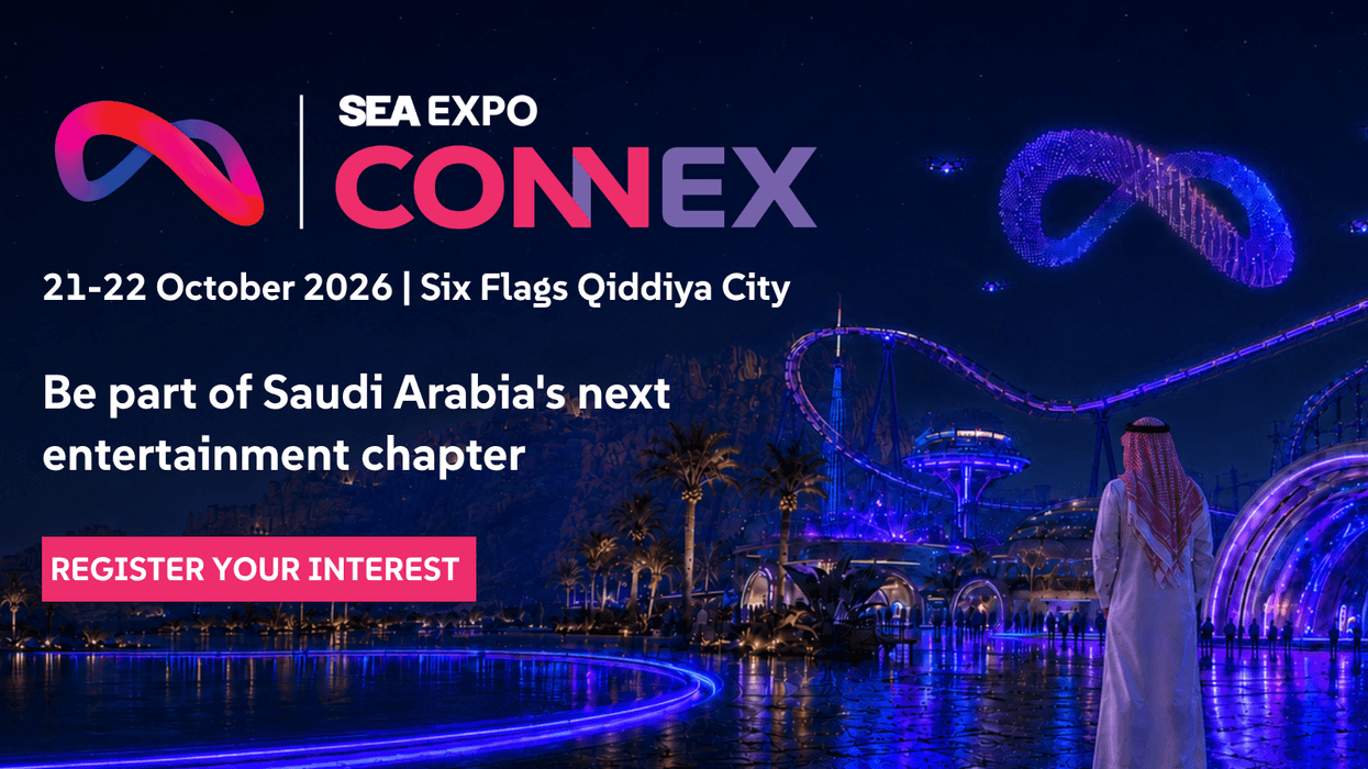 SEA Expo Connex 2026 at Six Flags Qiddiya, Saudi Arabia, futuristic landscape at night.