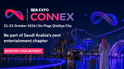 SEA Expo Connex 2026 at Six Flags Qiddiya, Saudi Arabia, futuristic landscape at night.