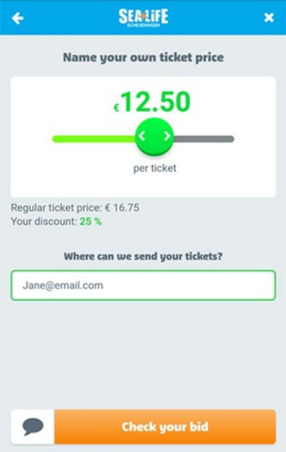 SEA LIFE Scheveningen app place your bid convious