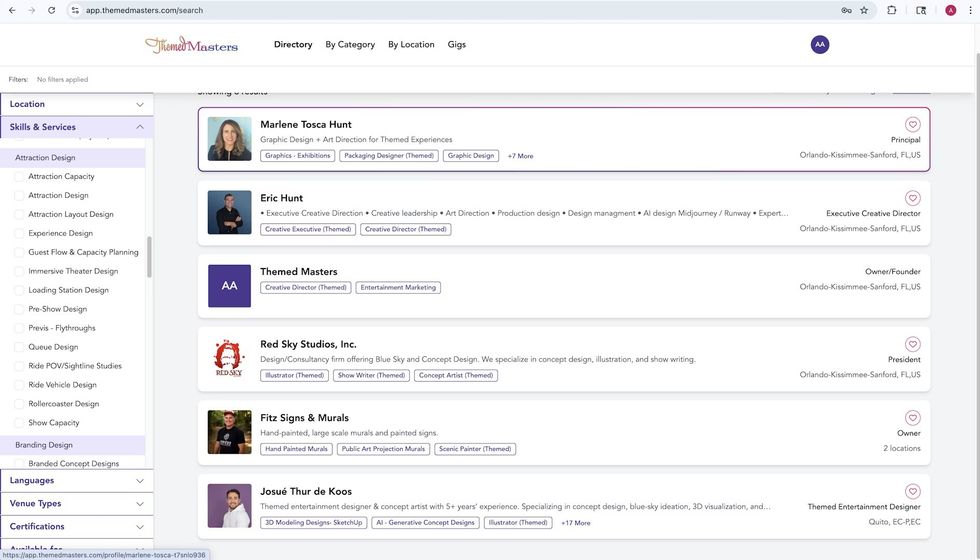 Search results for themed experience professionals on Themed Masters website.