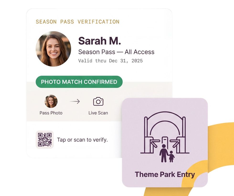 Season pass verification card with photo match confirmed for theme park entry.