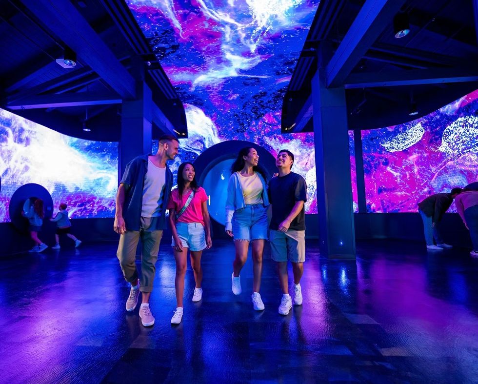 SeaWorld San Diego \u2013 \u201cJewels of the Sea. People walking under vibrant, colorful digital ceiling.