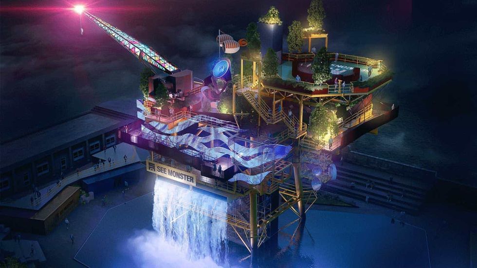 SEE MONSTER oil rig attraction at night