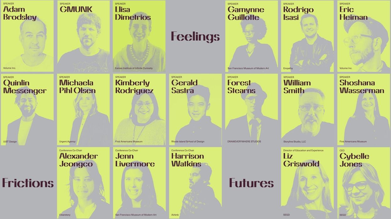 SEGD Conference Experience San Francisco 2025. Speaker photos and names, and the themes listed: "Feelings," "Fictions," "Futures."