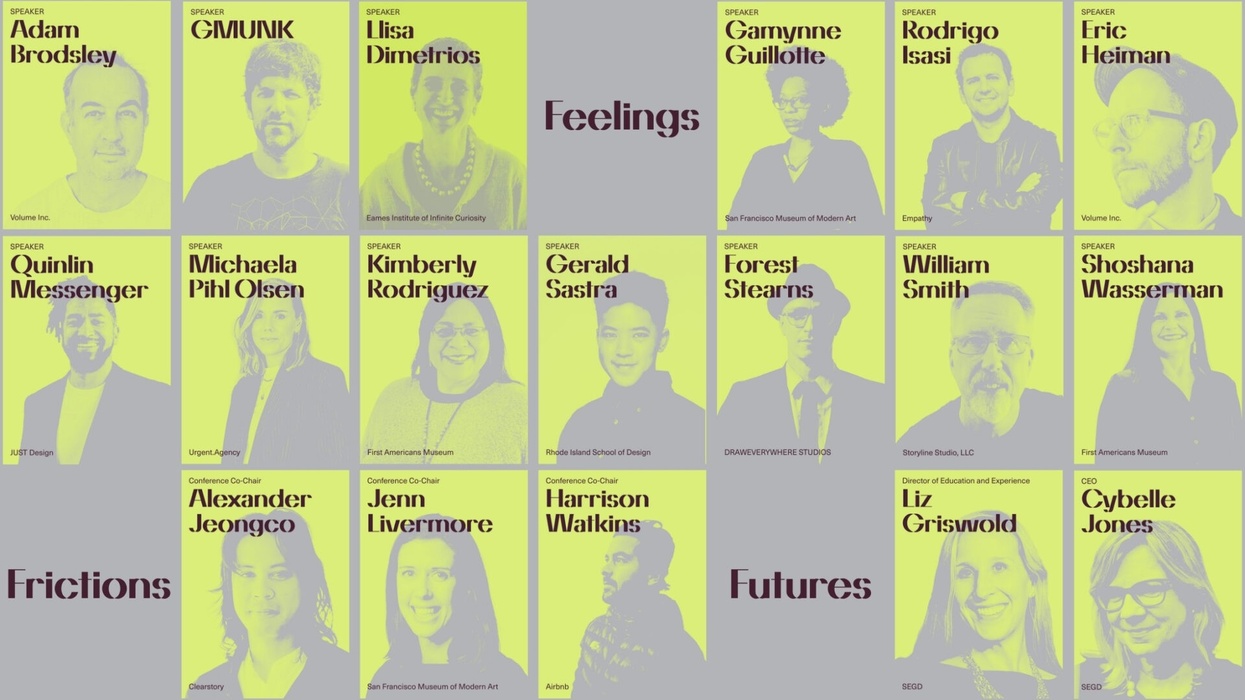 SEGD Conference Experience San Francisco 2025. Speaker photos and names, and the themes listed: "Feelings," "Fictions," "Futures."