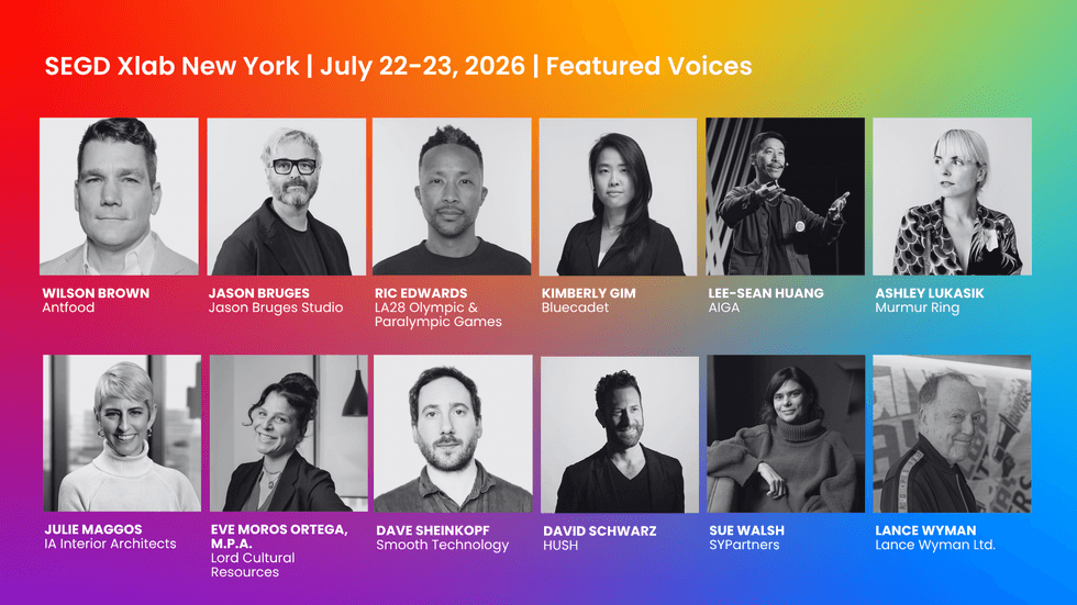 SEGD Xlab New York 2026 speakers with colorful background and portraits.
