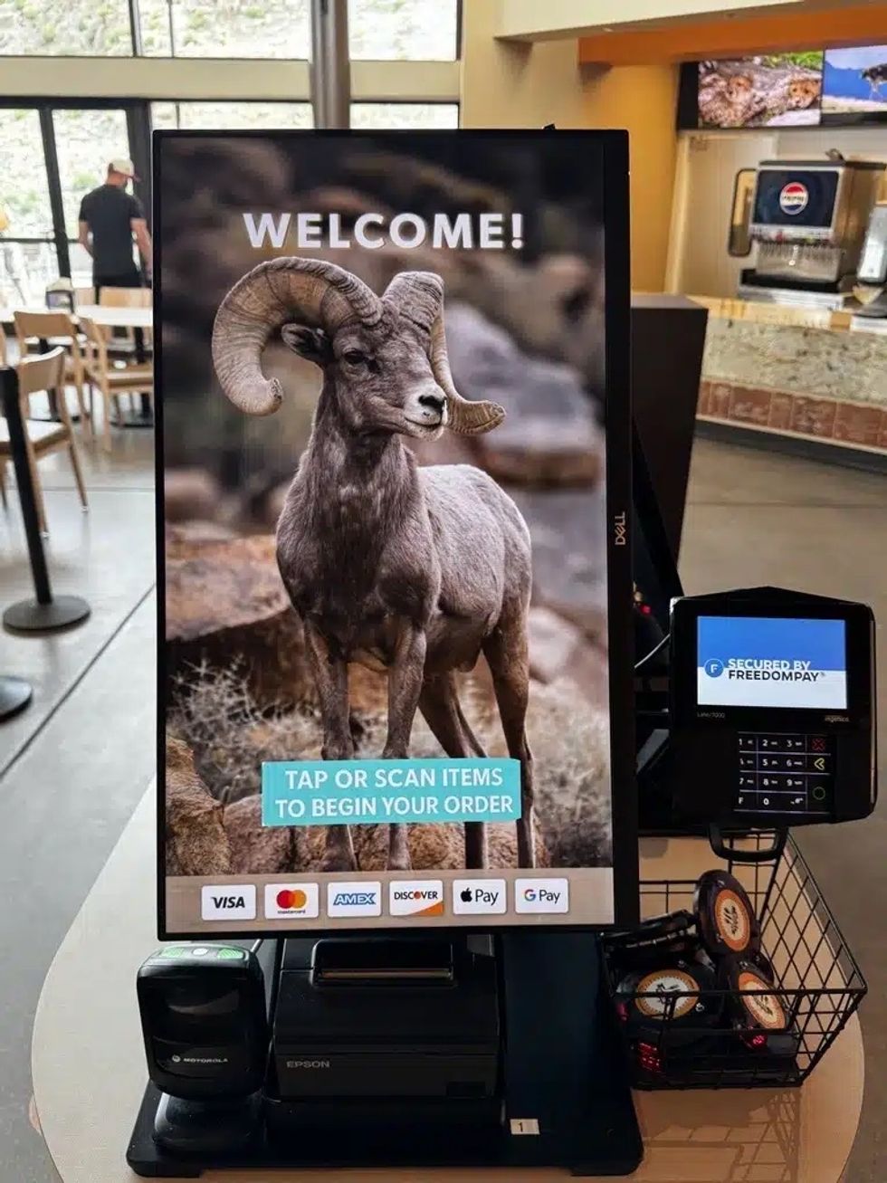 Self-service kiosk at The Living Desert Zoo and Gardens with a ram image and payment options displayed.