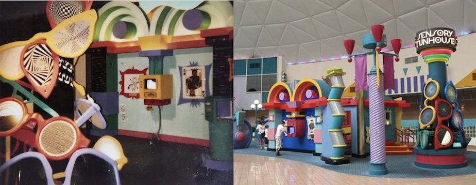 Sensory funhouse mockup and the built project at EPCOT, 1989