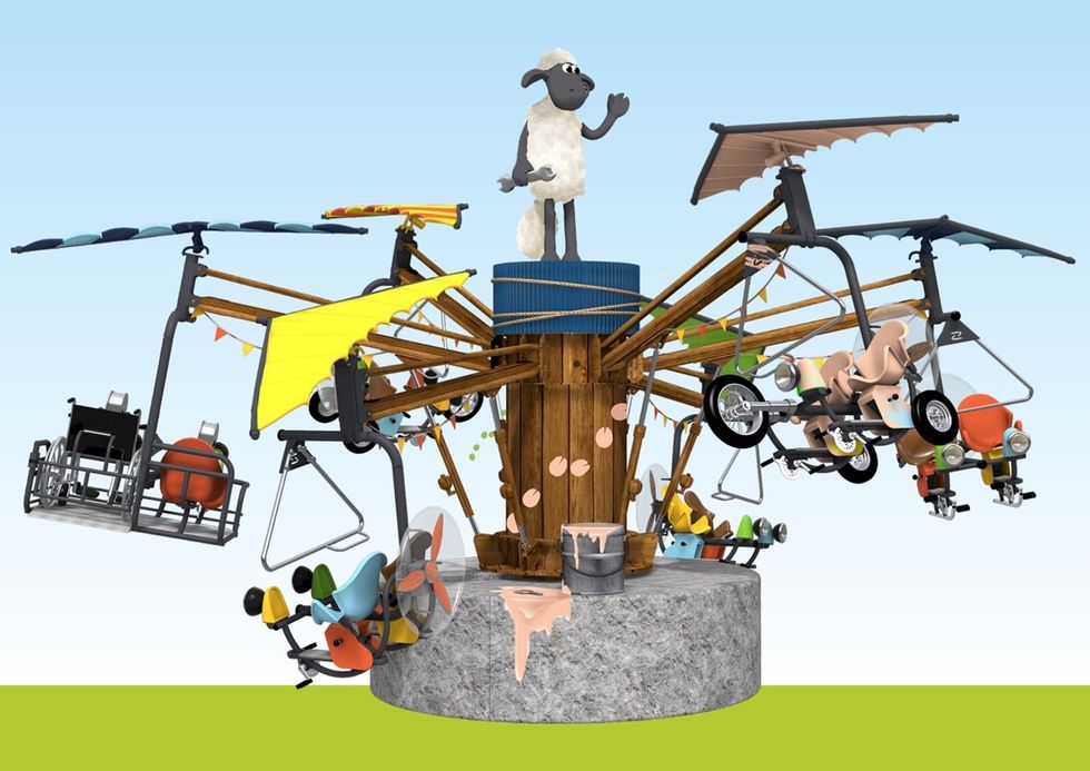 Shaun the Sheep atop a whimsical makeshift carnival ride in the shape of a tree trunk, named The Scrap Flyer.