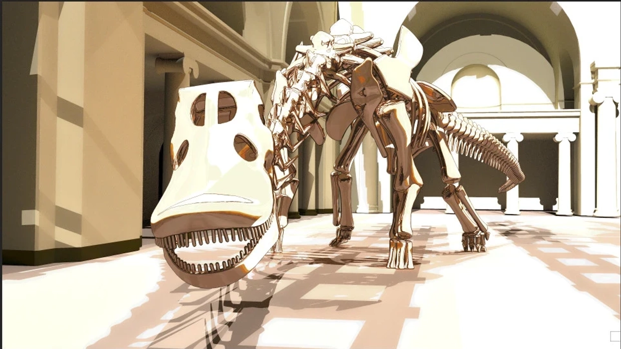 Shiny dinosaur skeleton sculpture in a spacious museum hall.