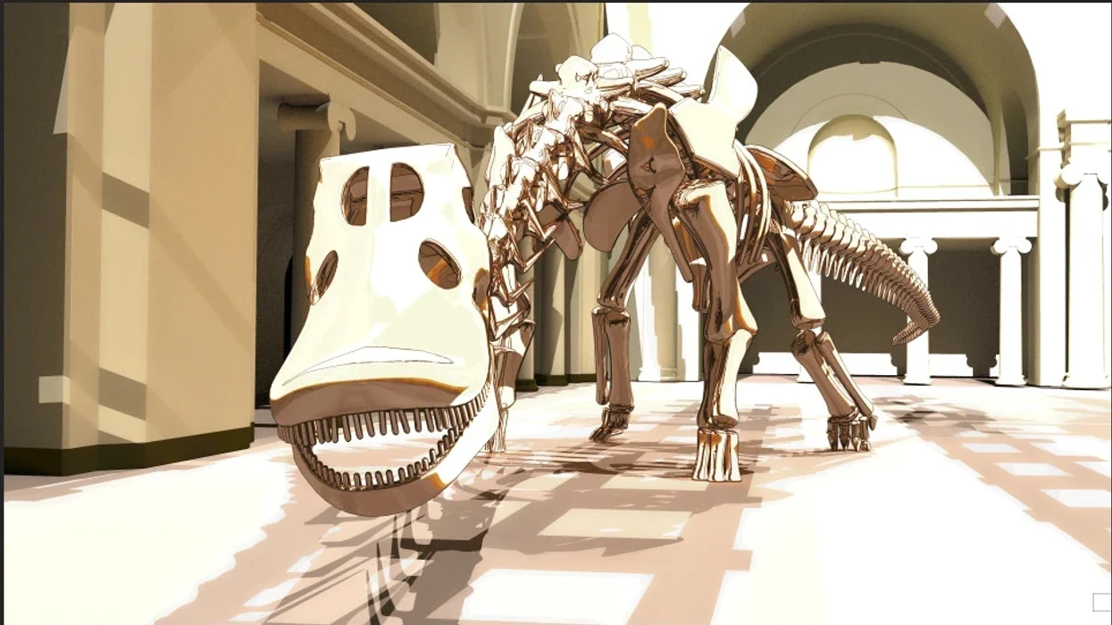 Shiny dinosaur skeleton sculpture in a spacious museum hall.