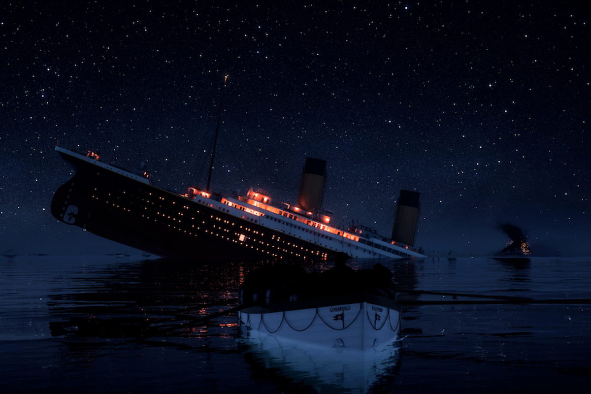 Ship sinking under starry sky with lifeboat in foreground.