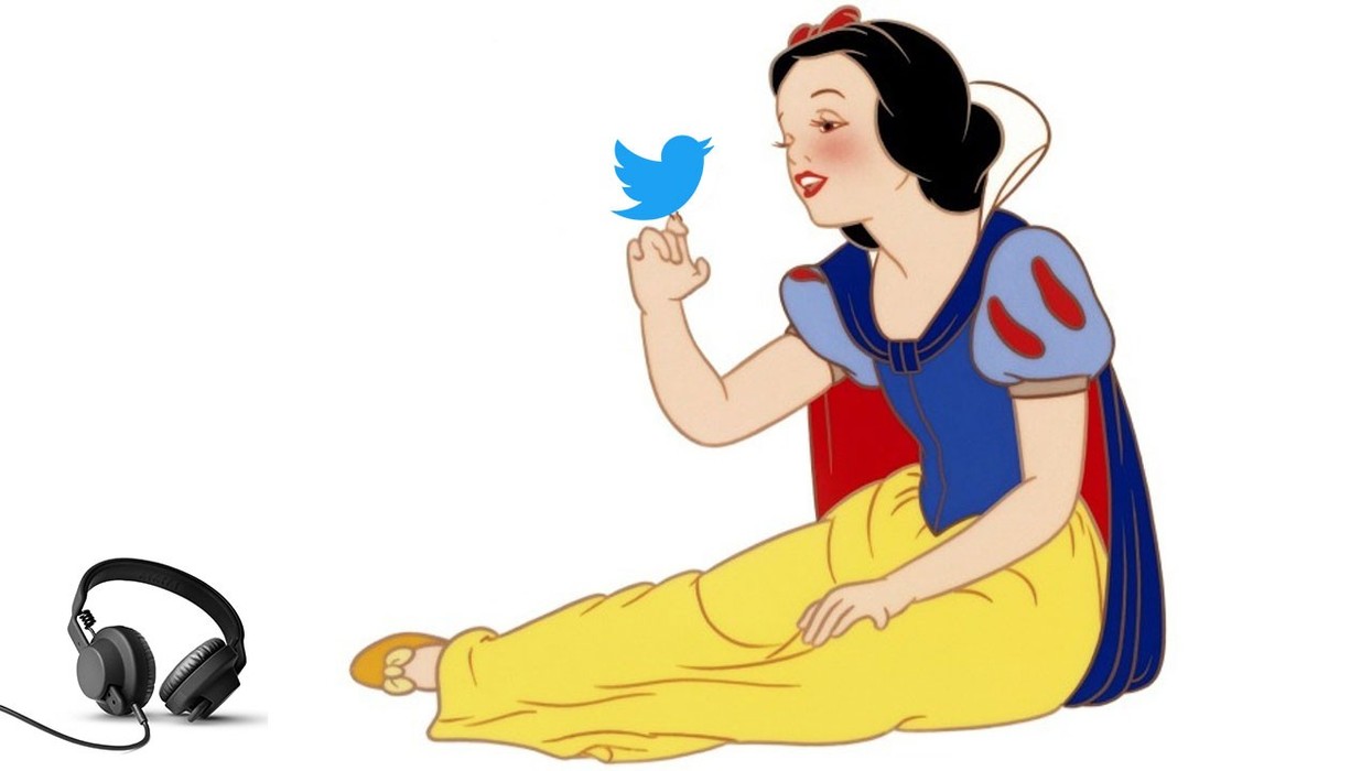 should disney buy twitter and spotify? snow whit with twitter bird and headphones