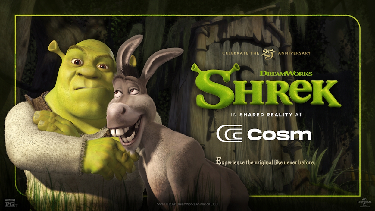 Shrek and Donkey celebrate 25th anniversary of "Shrek" with Cosm shared reality experience.