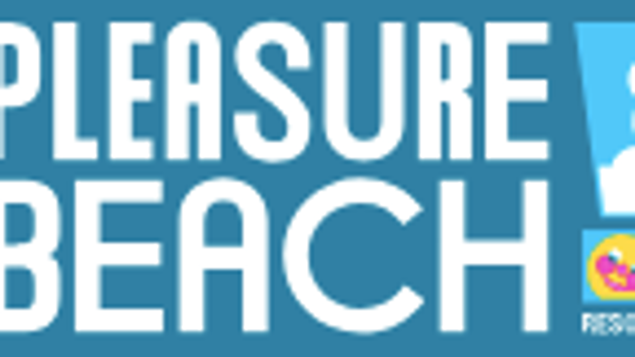 Sign reading "Pleasure Beach" with exclamation mark and small beach ball logo on blue background.