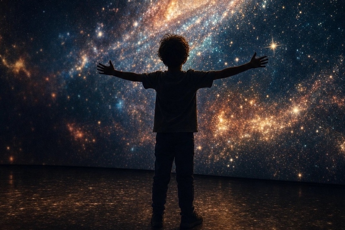 Silhouette of a child with arms outstretched, gazing at a star-filled galaxy display.