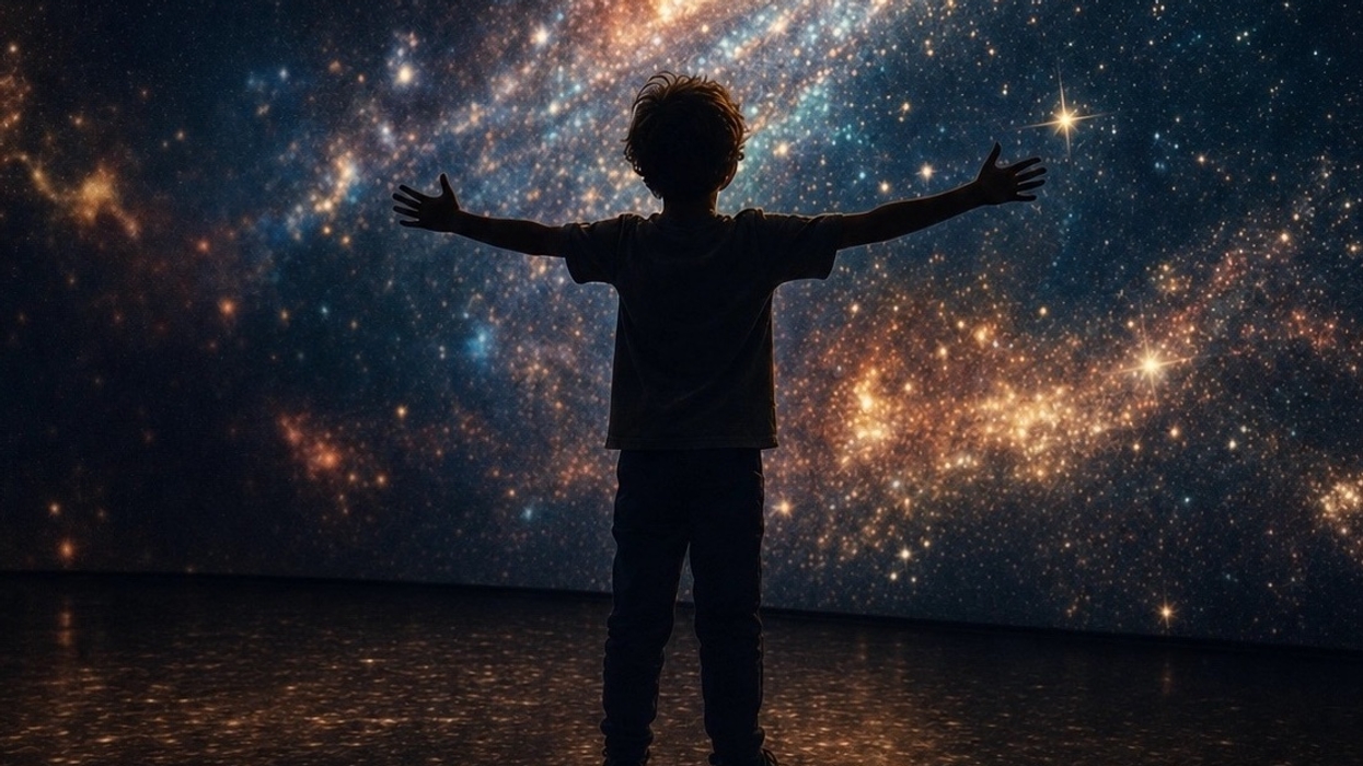 Silhouette of a child with arms outstretched, gazing at a star-filled galaxy display.