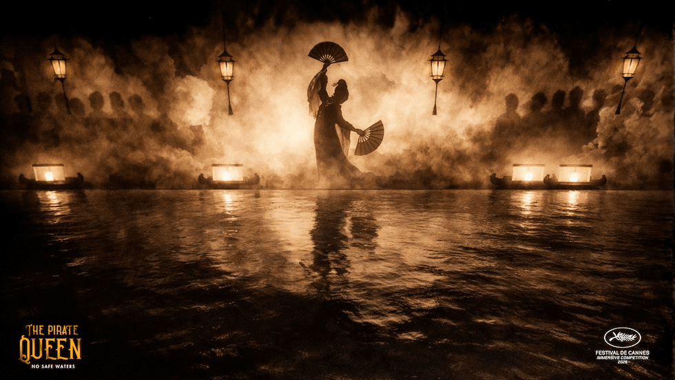Silhouette of a dancer with fans on misty water, surrounded by lanterns.