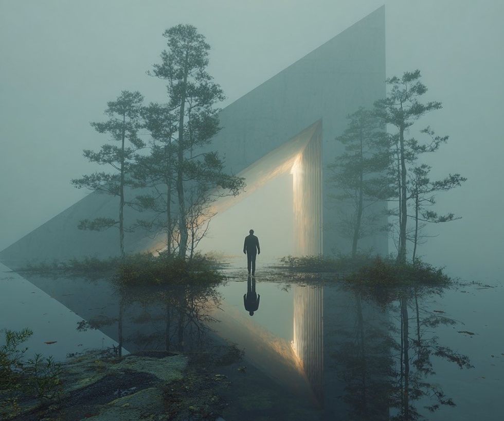 Silhouette of person near a large triangular structure in a misty landscape with trees.
