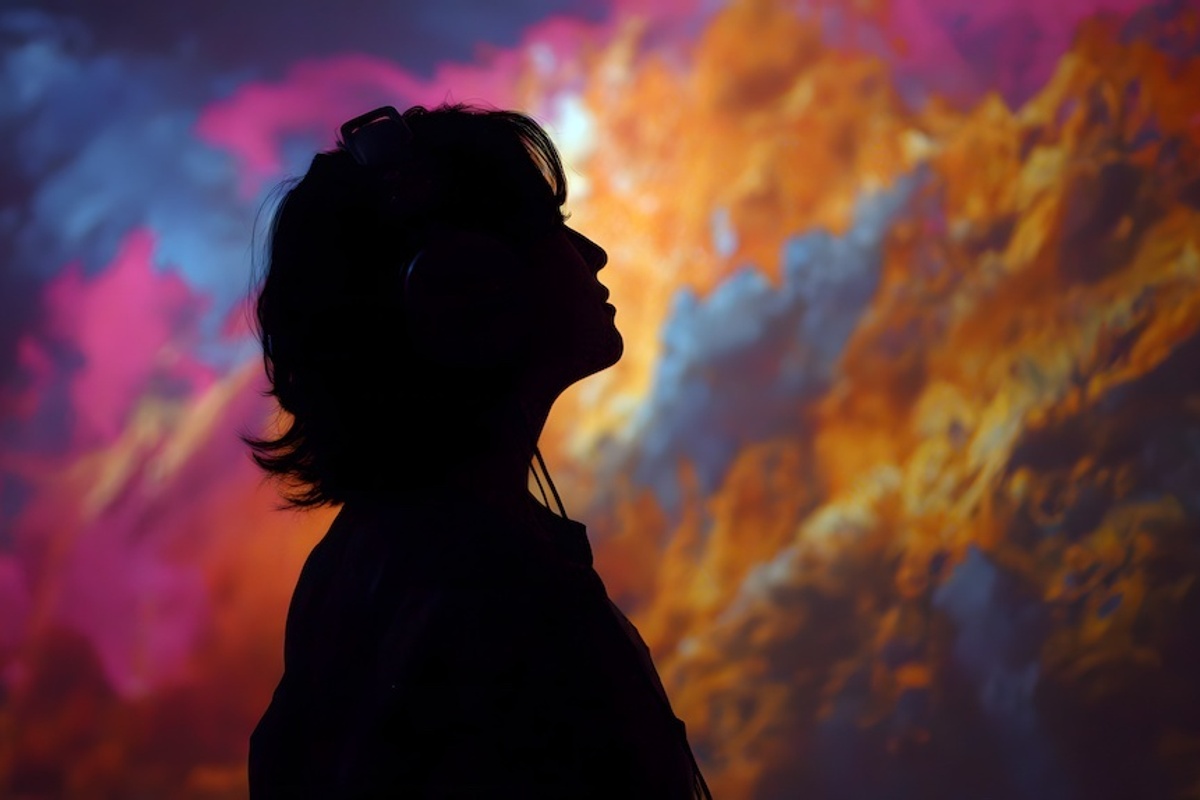 Silhouette of person wearing headphones, colorful abstract background, immersive experience