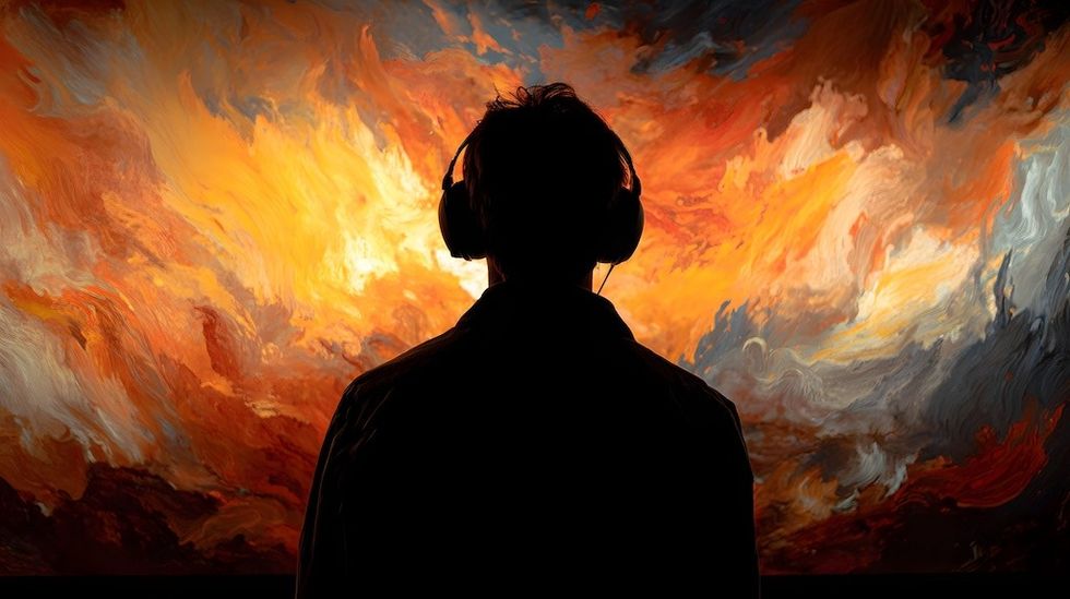 Silhouette wearing headphones, facing a fiery, abstract painting.