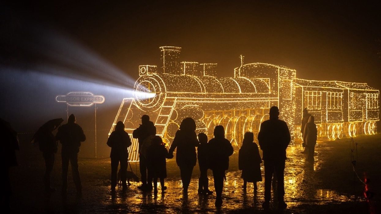 Silhouetted crowd watches a glowing train light display at night.