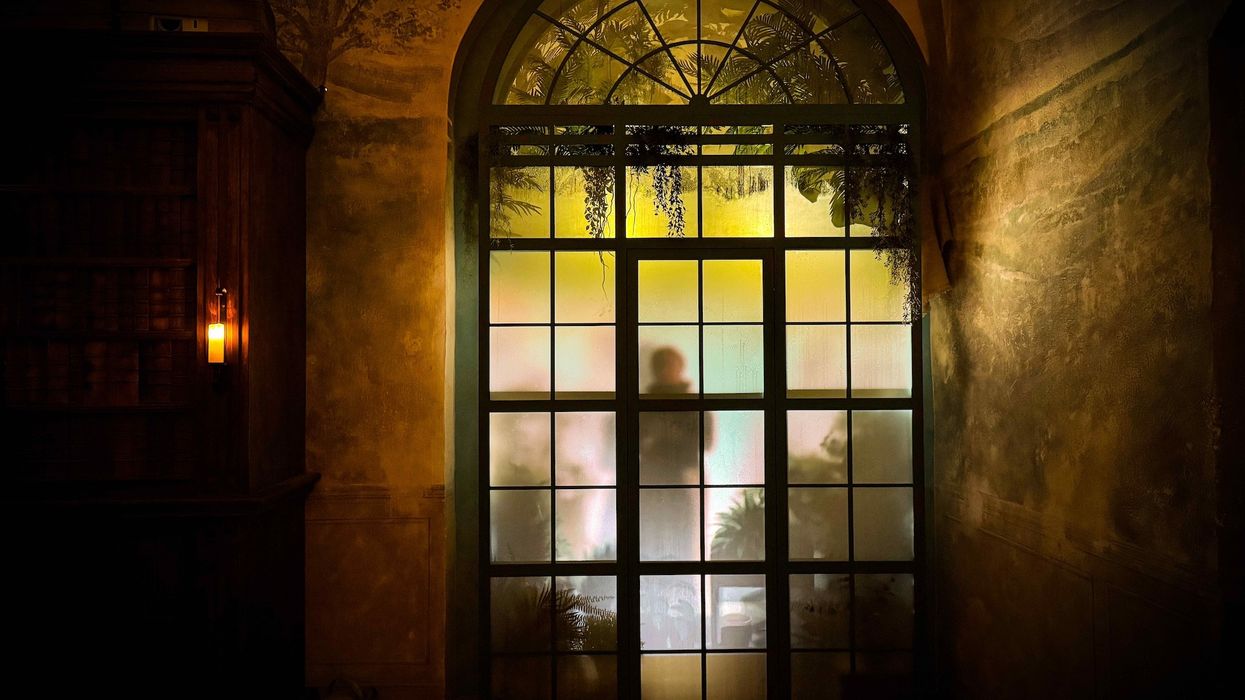 Silhouetted figure behind frosted glass door in dimly lit room with bookshelves, The Secret Laboratory experience at Schloss Augustusburg created by Creative Studio Berlin (CSB)