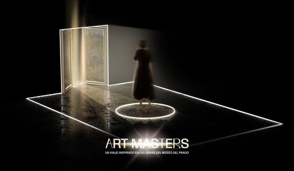 Silhouetted figure in a lit space, viewing an illuminated painting. "Art Masters" text below.