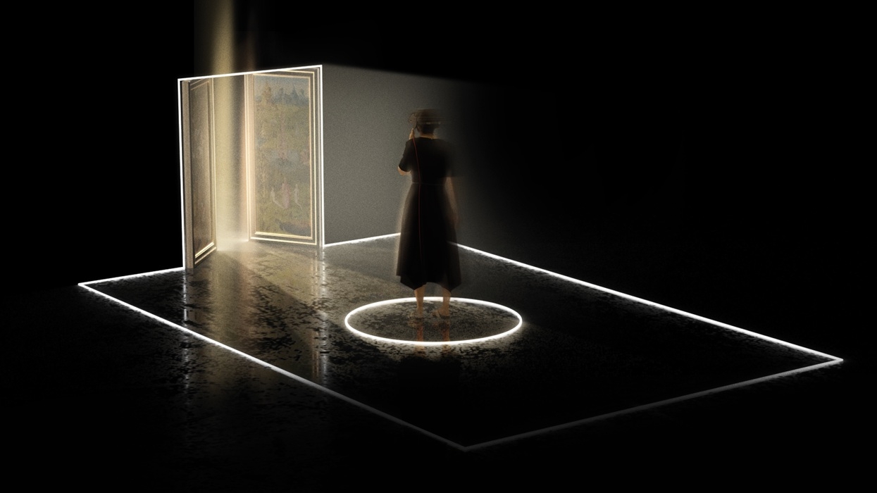 Silhouetted figure in dark room, spotlighted beside an open door with glowing artwork.