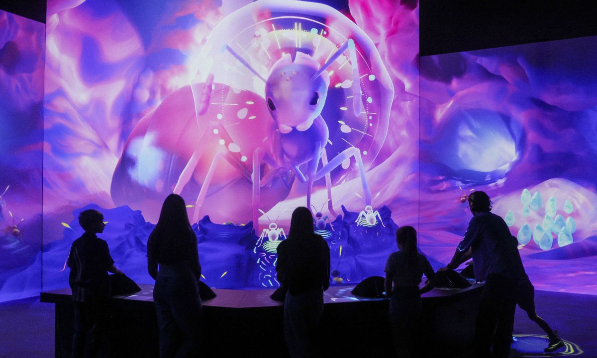Silhouetted people enjoy a vibrant, immersive digital display with large, abstract insect art, Antopia by S1T2