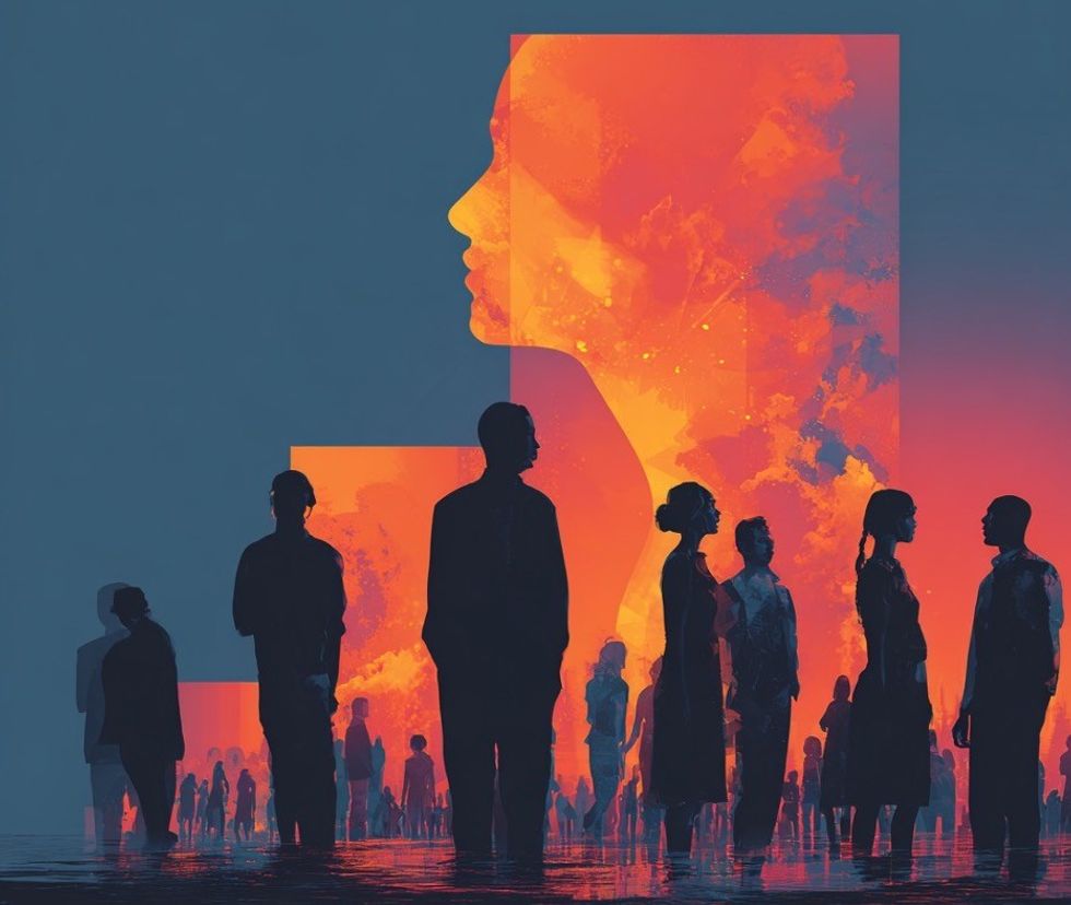 Silhouetted people stand before a large, colorful profile illustration in the background.