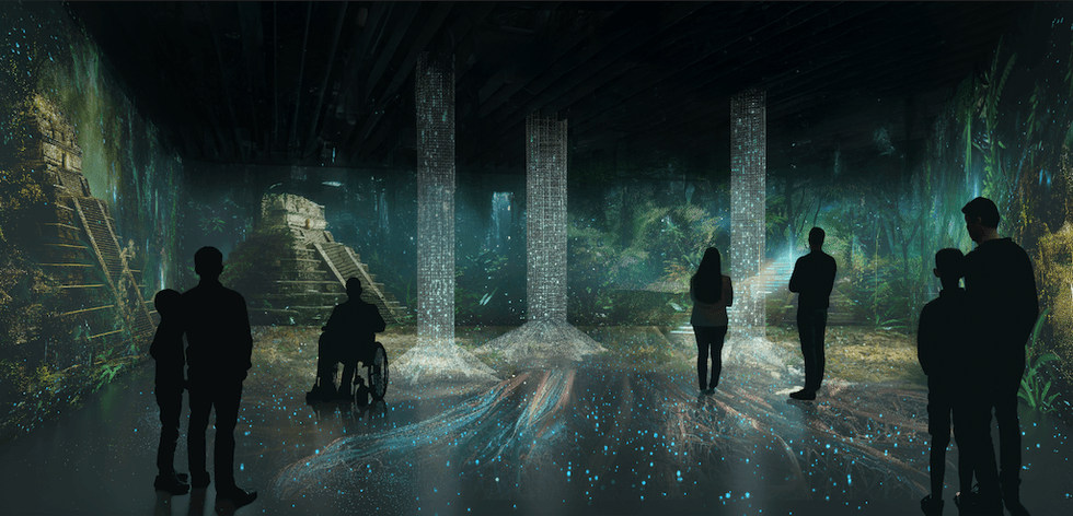Silhouettes admire a digital forest projection with ancient temples and vertical light columns, Timewalk
