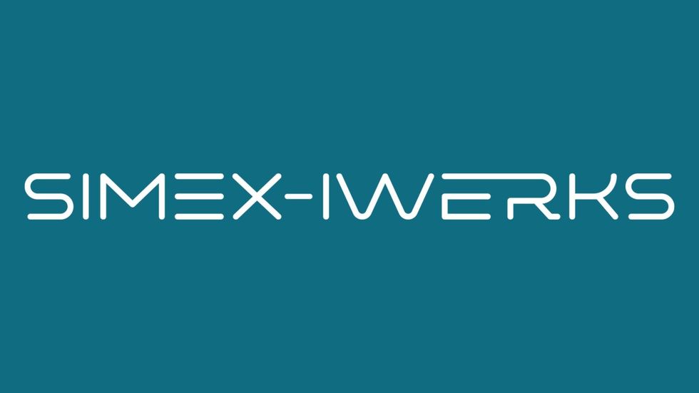 "SIMEX-IWERKS logo with white text on a teal background."