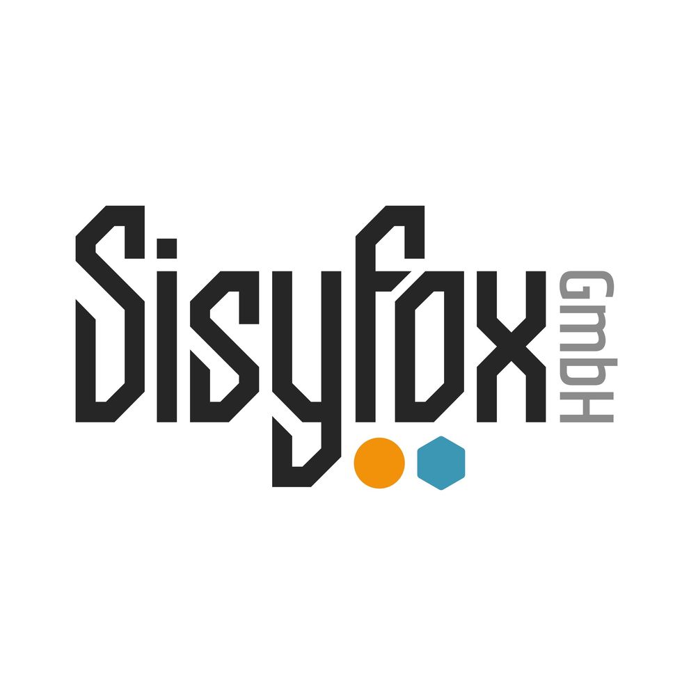 Sisyfox GmbH logo with geometric text and orange, blue shapes.