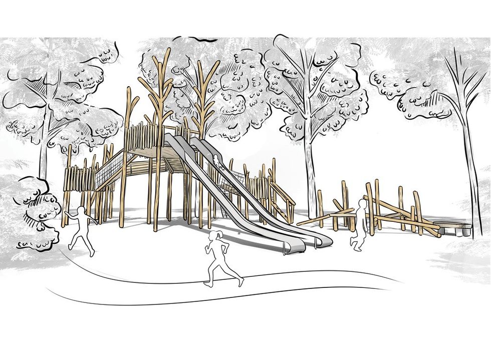 Sketch of a playground with slides and climbing structures among trees.
