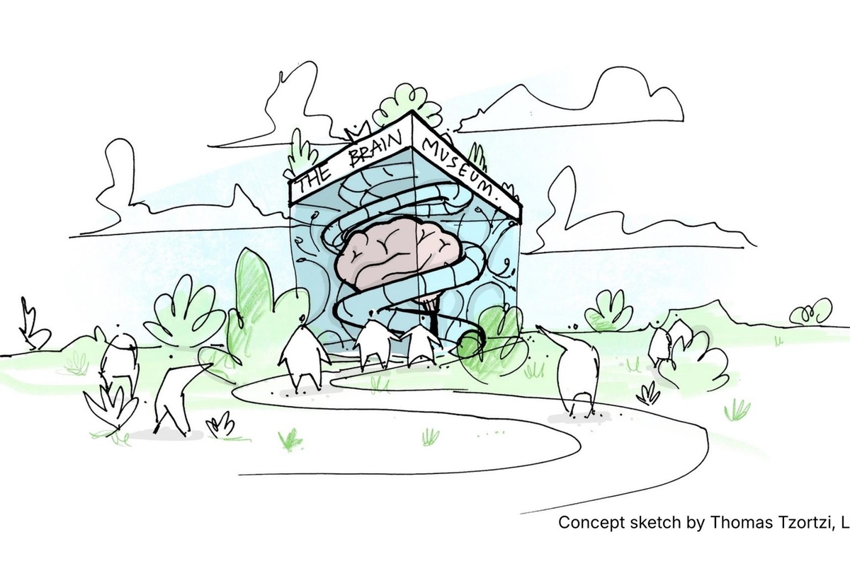 Sketch of "The Brain Museum" with people entering and a giant brain inside.