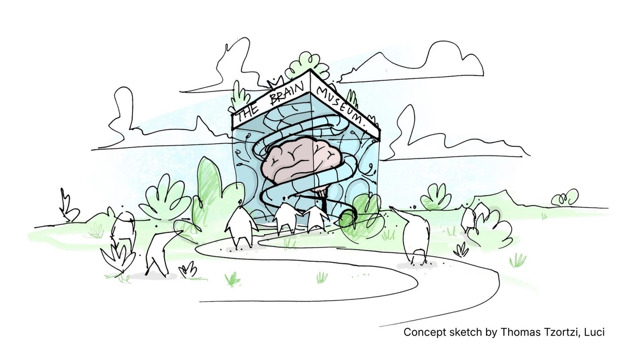Sketch of "The Brain Museum" with people entering and a giant brain inside.